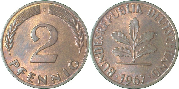 38167G~1.1b 2 Pfennig  1967G bf/st herll.Patina J 381  