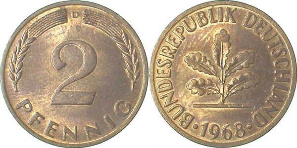 38168D~1.0 2 Pfennig  1968D stgl Cu J 381  