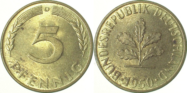 38250D~1.0 5 Pfennig  1950D stgl J 382  