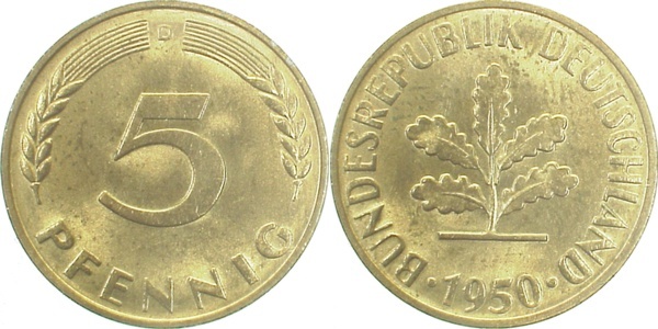 38250D~1.1 5 Pfennig  1950D bfr/stgl J 382  