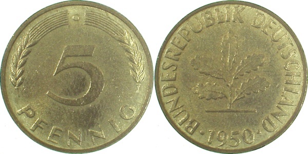 38250G~1.1a 5 Pfennig  1950G bfr/st Erstabschlag (EA)! ! J 382  