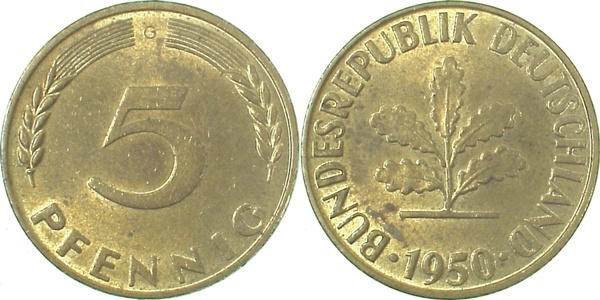 38250G~1.4b 5 Pfennig  1950 Mzz:G/querstr/f.bfr Ngb. 7.4 EPA 7V4  