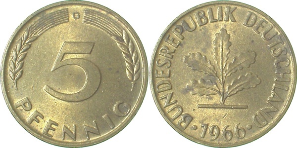 38266G~1.1b 5 Pfennig  1966J bfr/stgl etw.fleck J 382  