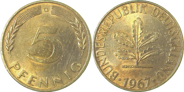 38267G~1.1 5 Pfennig  1967G bfr/stgl J 382  