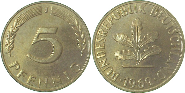 38269J~1.0a 5 Pfennig  1969J st.Erstabschlag (EA)! ! J 382  