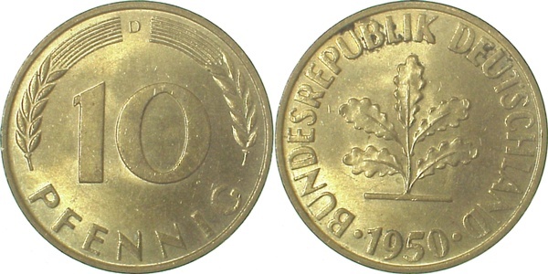 38350D~1.1 10 Pfennig  1950D bfr/stgl J 383  