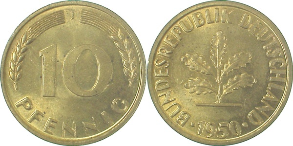 38350J~1.0a 10 Pfennig  1950J stgl Erstabschlag (EA)! ! J 383  