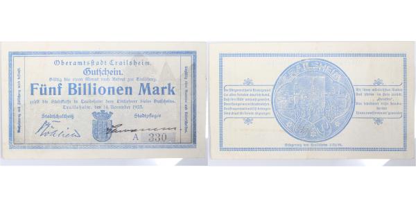 Crailsheim-11 5 Billionen   Crailsheim 1923 Notgeld druckfrisch selten Notgeld  