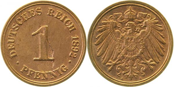 F01092A2.2 1 Pfennig  1892A Schrötlingsfehler Wertzeichen J 010  