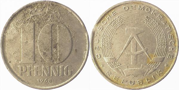 F151068A3.0 10 Pfennig  DDR 68A gr.Zainende ss J1510  
