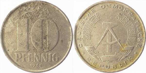 F151068A3.0 10 Pfennig  DDR 68A gr.Zainende ss J1510  