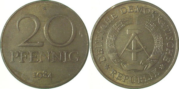 F1511b84A2.0 20Pfennig  DDR 1984A vz kl.Zainende J1511b  