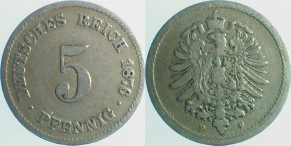 P00376F3.2 5 Pfennig  1876F, beide Mzz doppelt J 003  