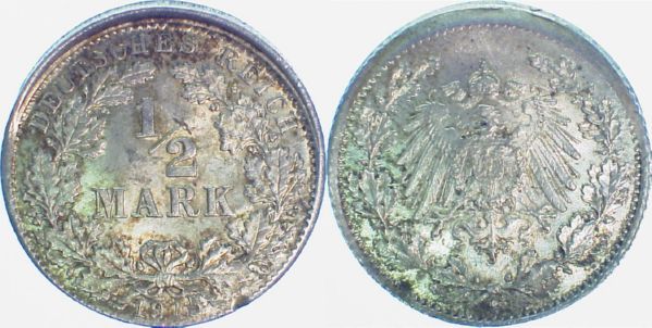 P01615G2.0 1/2 Reichsmark  1915G vz D5 J 016  