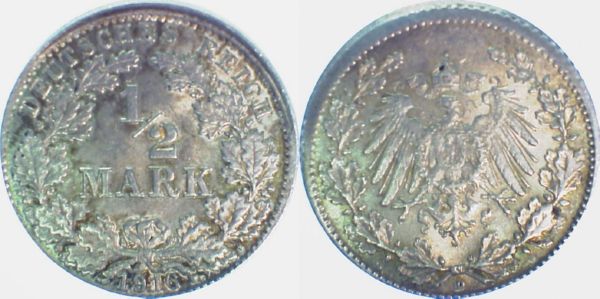 P01616D2.0 1/2 Reichsmark  1916D D5/ohne Riffelr. J 016  