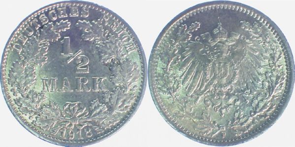 P01618F2.0 1/2 Reichsmark  1918F vz offene 8 J 016  