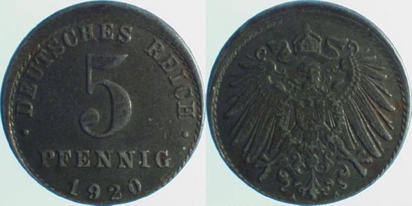 P29720A2.5 5 Pfennig  1920A leicht dezentr. J 297  