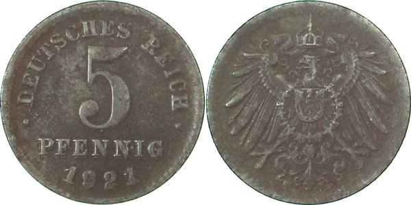 P29721F3.0 5 Pfennig  1921F WS & Umschr. st. Doppelt ss J 297  