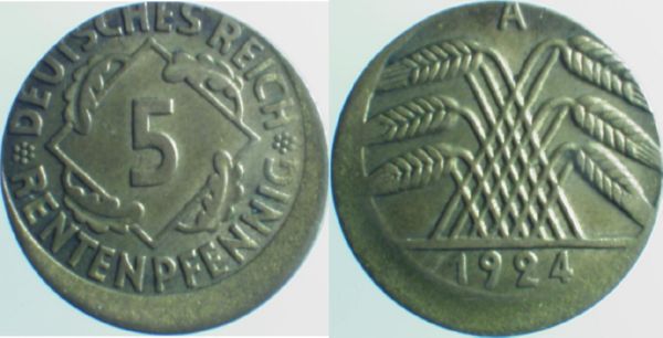 P30824A2.0c 5 Pfennig  1924A D10 vz J 308  