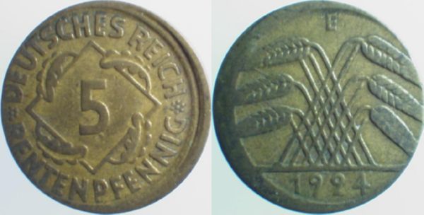 P30824E2.5 5 Pfennig  1924E ss/vz D10 J 308  