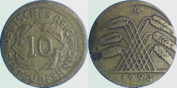 P30924A3.0 10 Pfennig  1924A D10 ss J 309  