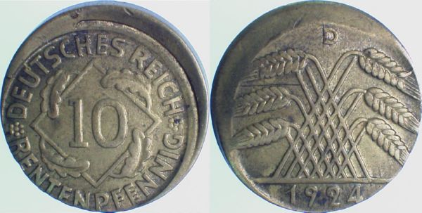 P30924D3.0a 10 Pfennig  1924D ss D15 J 309  