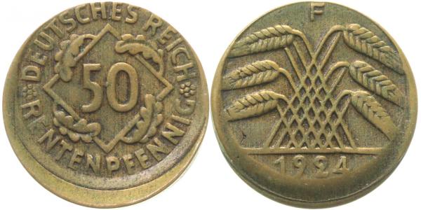P31024F2.0 50 Pfennig  1924F D10 vz , erst bekannte Stück J 310  