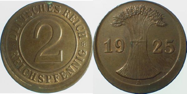 P31425A2.0 2 Pfennig 1925A D10 J 314  