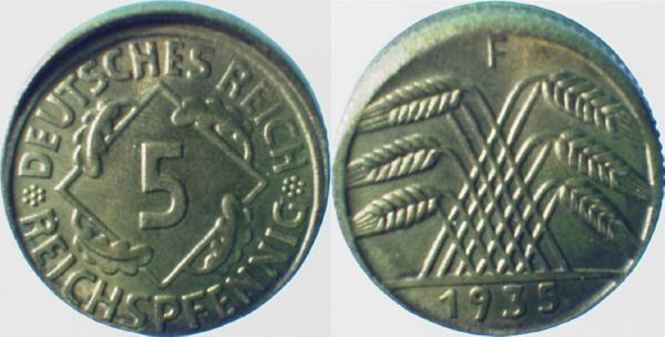 P31635F1.2 5 Pfennig  1936F D10 prfr J 316  