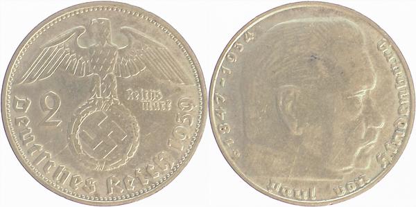 P36639D2.0 2 Reichsmark  1939D Mzz.doppelt vz J 366  