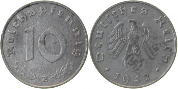 P37142E2.2 10 Pfennig  1942E 2 Randausbrüche d. Stempels f.vz !!! J 371  
