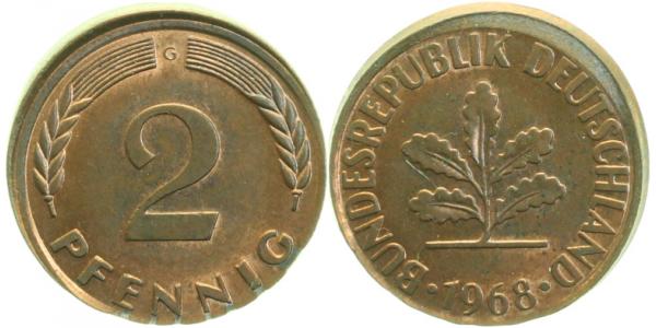 P38168G1.5 2 Pfennig  1968G D5-D10 vz/st J 381  