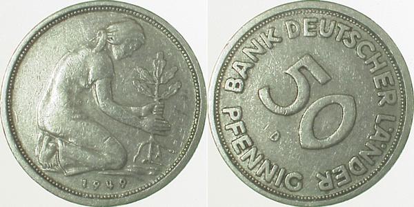 S37949D3.0 50 Pfennig  1949D S45 ss J 379  