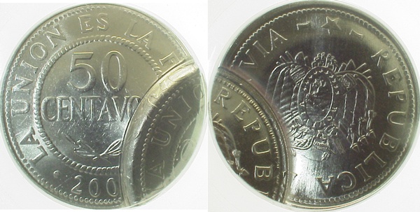 WELTM-BOL-1 50 C. 2008 Bolivien 2 x geprägt!!!, MS66  