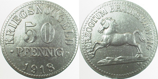 JN0418-~2.2 50 Pfennig Braunschweig 1918 f.vz!! JN04  