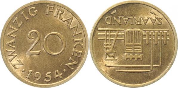 JN80254-~1.1b 20Franken 1954 prfr/stgl zaponiert JN802  