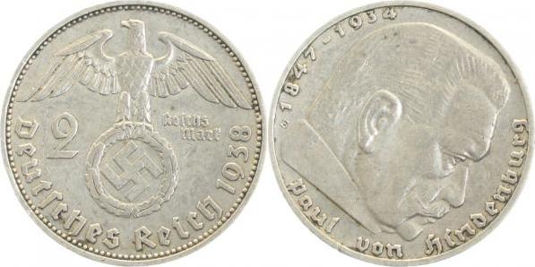 S36638E2.5 2 Mark  Hindenburg 1938E ca. S30 ss/vz J 366  