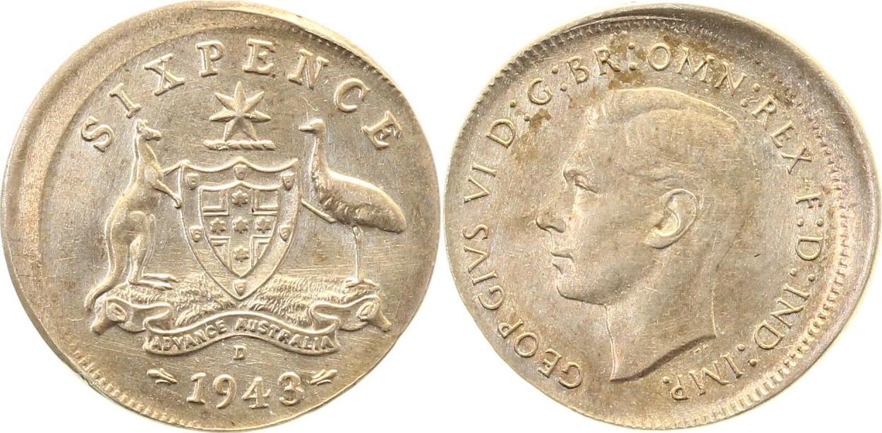 WELTM.-Aust-1943-GG Six Pence 1943 Australia dez.,very rare, sehr selten, vz/unc null  