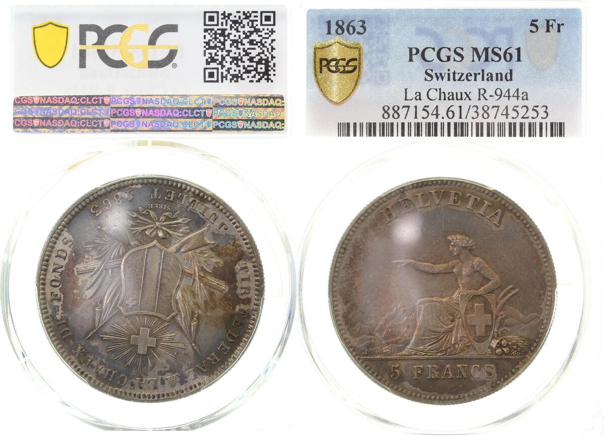 WELTM.-Ch-1863-GG Schützenth. 5 Fr. CH La Chaux 1863, vz+,MS61 PCGS 38745253 SchweizR-944a  