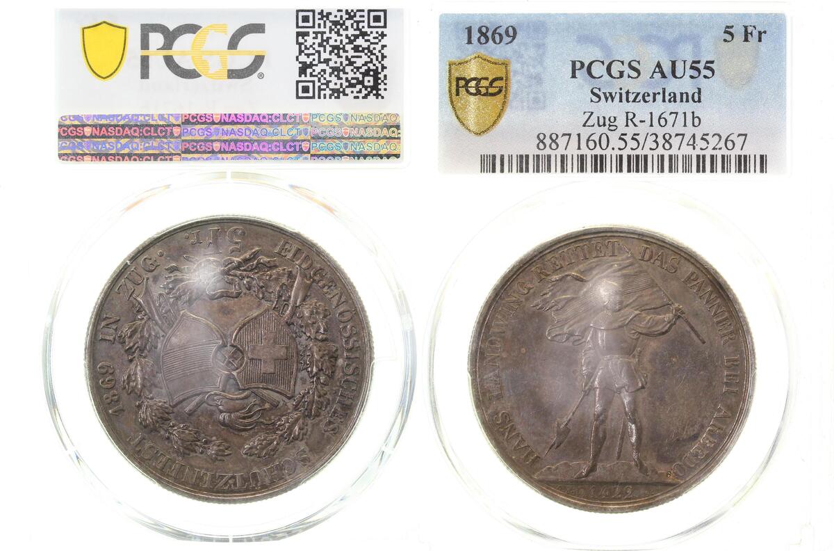 WELTM.-Ch-1869-GG Schützenth. 5 Fr. CH Zug 1869, vz/st AU55 PCGS 38745267 R-1671b  