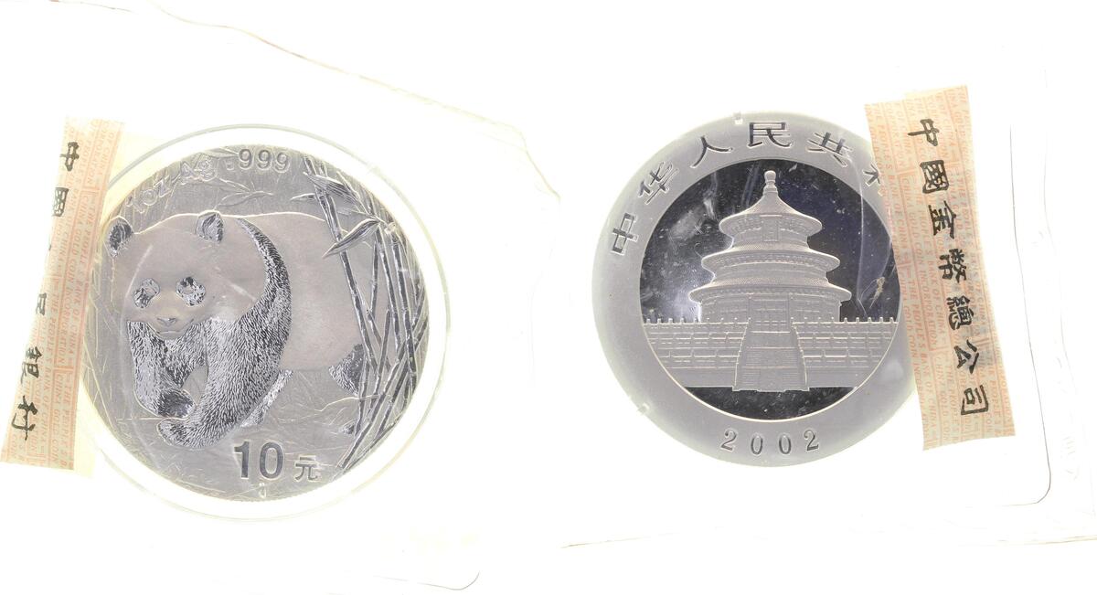 WELTM.-China-2002-47 China 10Y Panda 02 Proof AG, in Original Kapsel, Folie u. Zertifikat null  