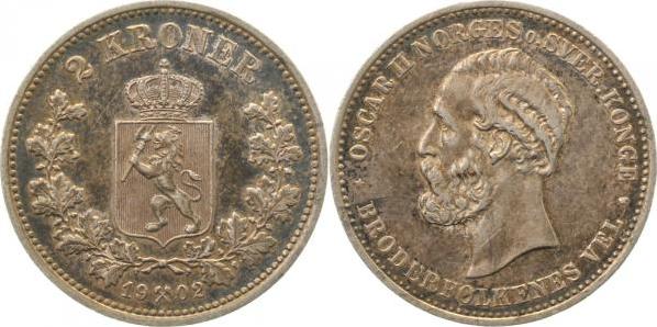 WELTM.-Norw.1902-GG 2 Kr. Norwegen 1902 Oscar II vz nice toning Schl.  